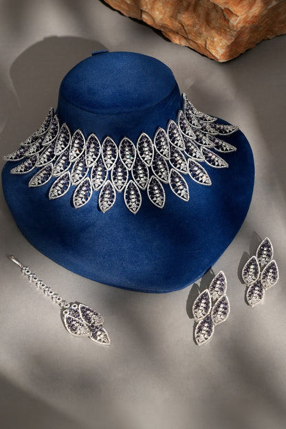 White Finish Diamond & Purple Stone Necklace Set