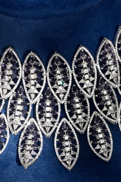 White Finish Diamond & Purple Stone Necklace Set