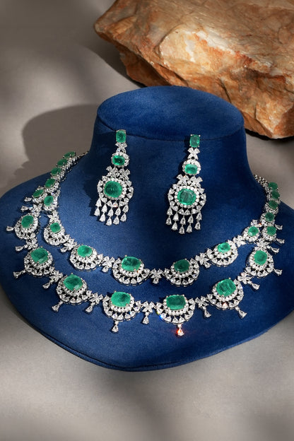 White Finish Diamond & Emerald Layered Necklace Set