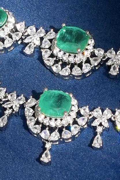 White Finish Diamond & Emerald Layered Necklace Set