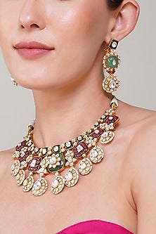 Gold Finish Mint Ruby & Kundan Polki Necklace Set