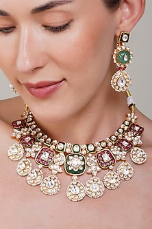 Gold Finish Mint Ruby & Kundan Polki Necklace Set