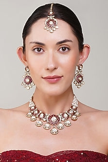 Gold Finish Ruby & Kundan Polki Necklace Set