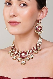 Gold Finish Ruby & Kundan Polki Necklace Set
