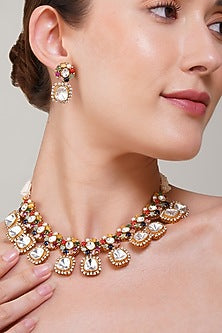 Gold Finish Diamond & Kundan Polki Necklace Set