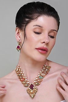 Gold Finish Multi-Colored Stone & Kundan Polki Necklace Set