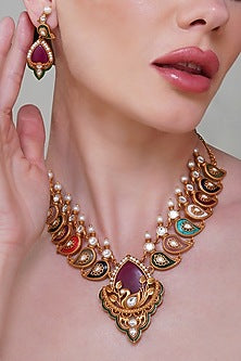Gold Finish Multi-Colored Stone & Kundan Polki Necklace Set