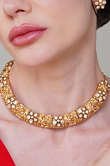 Gold Finish Multi-Colored Gemstone & Kundan Polki Handcrafted Necklace Set