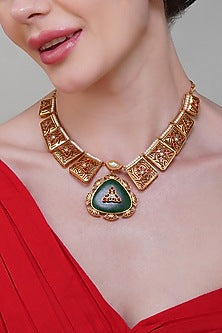 Gold Finish Multi-Colored Kundan Polki Necklace Set