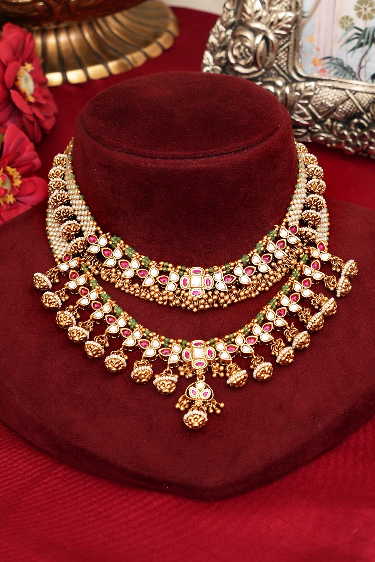 Gold Finish Multi-Colored Kundan Polki Necklace Set