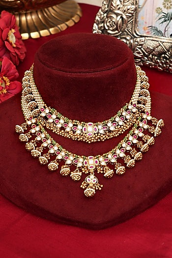 Gold Finish Multi-Colored Kundan Polki Necklace Set