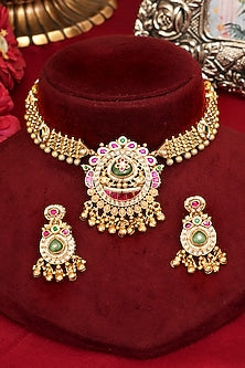 Gold Finish Multi-Colored Kundan Polki Temple Necklace Set