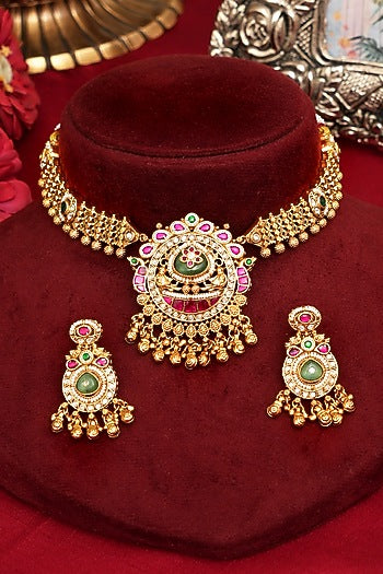 Gold Finish Multi-Colored Kundan Polki Temple Necklace Set