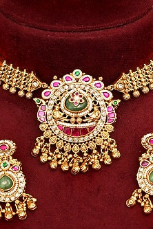 Gold Finish Multi-Colored Kundan Polki Temple Necklace Set