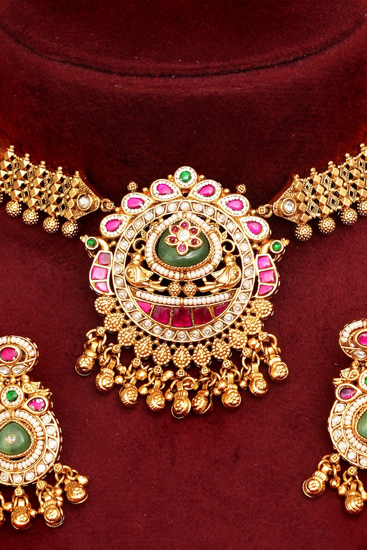 Gold Finish Multi-Colored Kundan Polki Temple Necklace Set