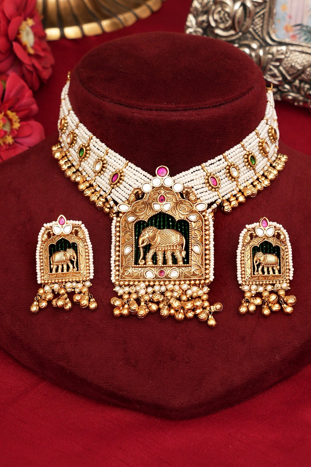 Gold Finish Multi-Colored Kundan Polki & Peacock Motifs Necklace Set