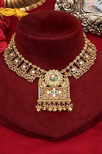 Gold Finish Multi-Colored Kundan Polki Necklace Set
