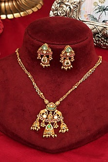 Gold Finish Multi-Colored Kundan Polki Pendant Necklace Set