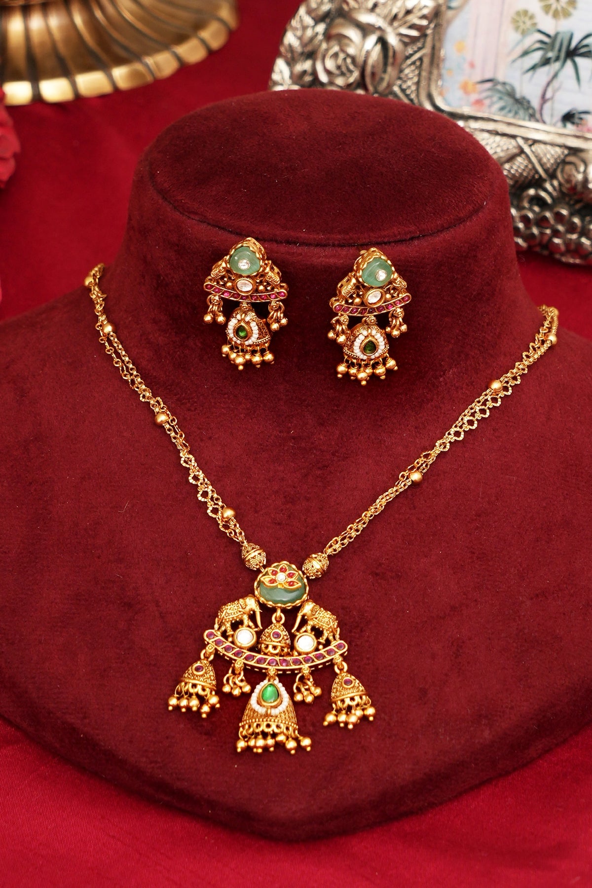 Gold Finish Multi-Colored Kundan Polki Pendant Necklace Set