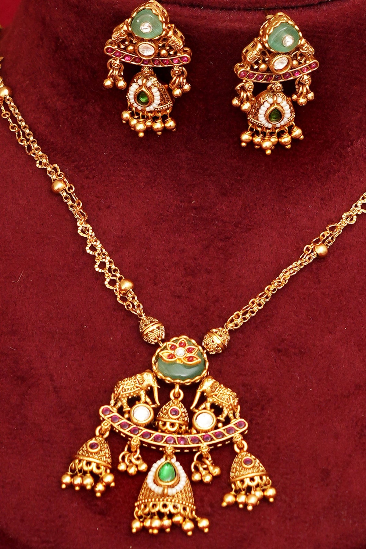 Gold Finish Multi-Colored Kundan Polki Pendant Necklace Set