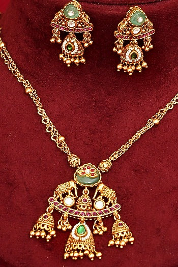 Gold Finish Multi-Colored Kundan Polki Pendant Necklace Set
