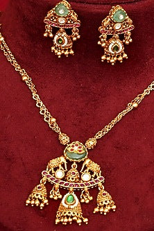 Gold Finish Multi-Colored Kundan Polki Pendant Necklace Set