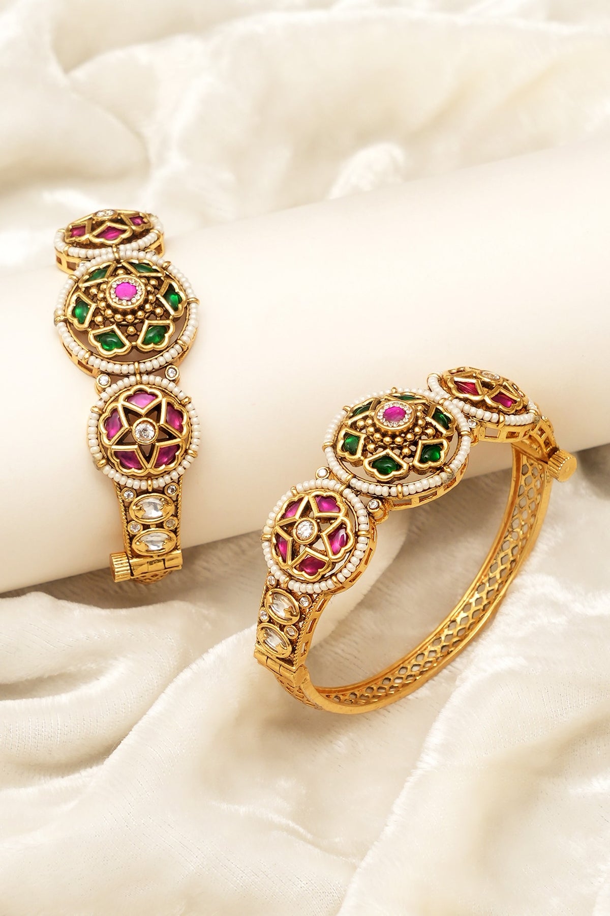 Gold Finish Multi-Colored Kundan Polki Openable Bangles (Set Of 2)