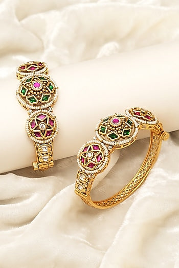 Gold Finish Multi-Colored Kundan Polki Openable Bangles (Set Of 2)
