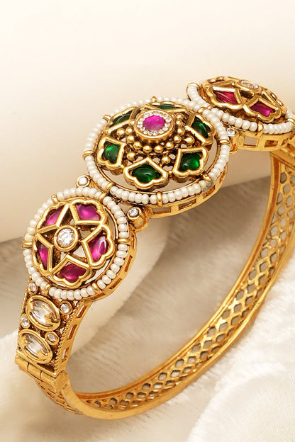 Gold Finish Multi-Colored Kundan Polki Openable Bangles (Set Of 2)