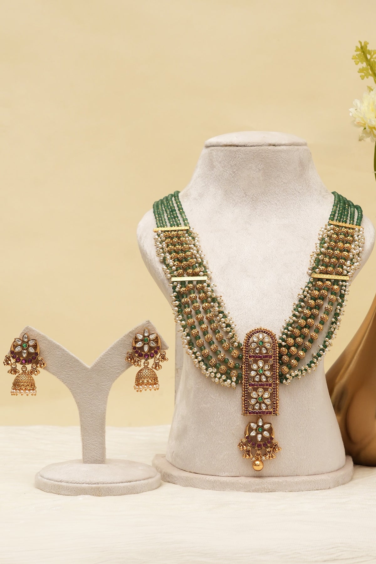 Antique Gold Finish Multi-Colored Kundan Polki Long Necklace Set