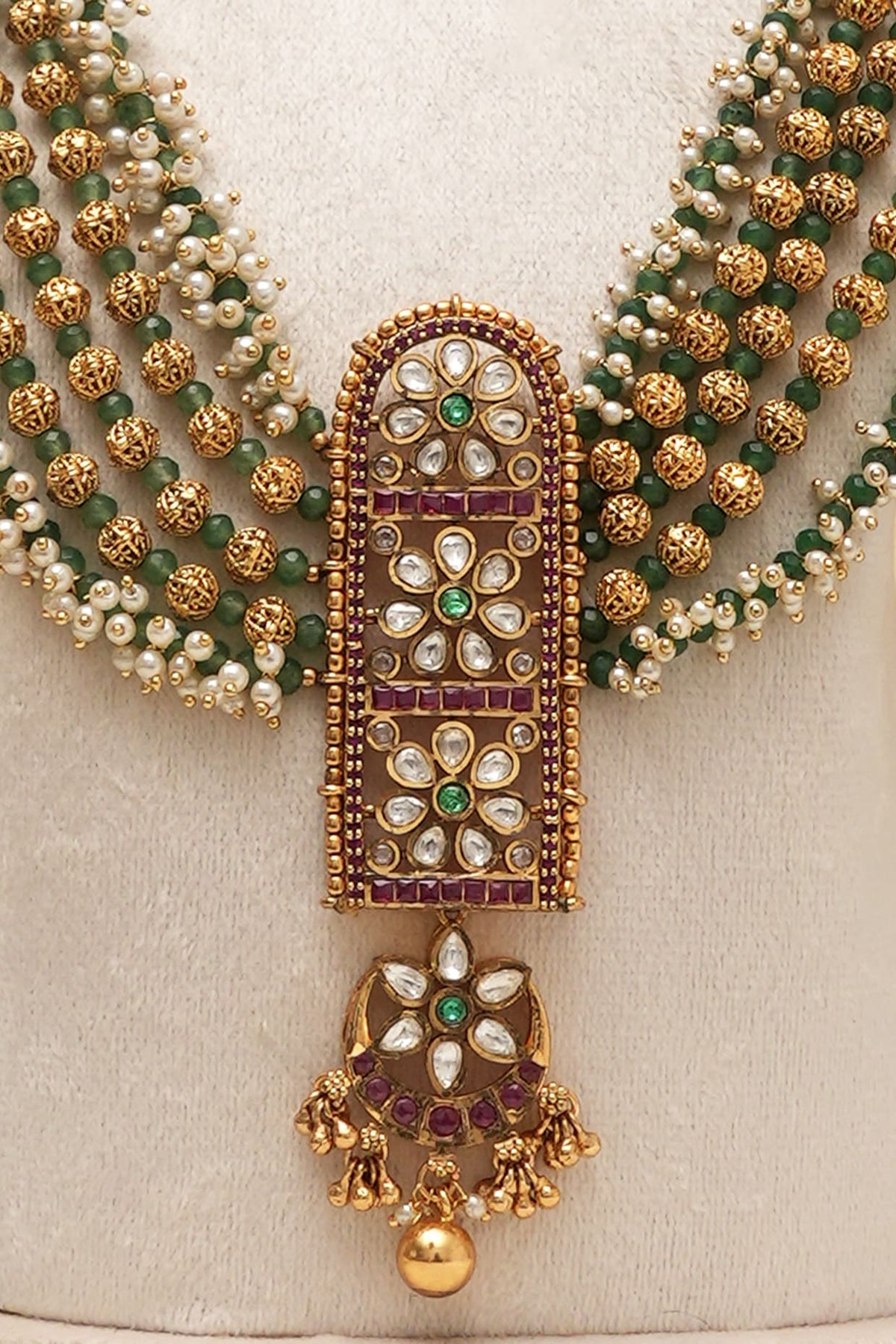 Antique Gold Finish Multi-Colored Kundan Polki Long Necklace Set