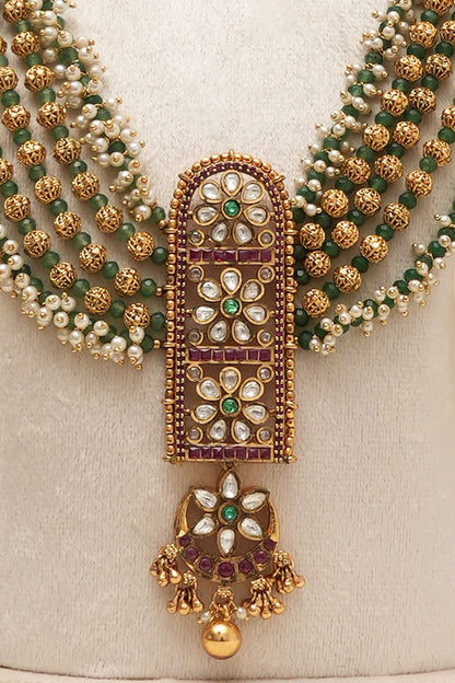Antique Gold Finish Multi-Colored Kundan Polki Long Necklace Set