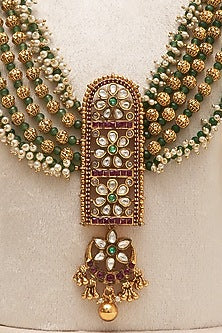 Antique Gold Finish Multi-Colored Kundan Polki Long Necklace Set