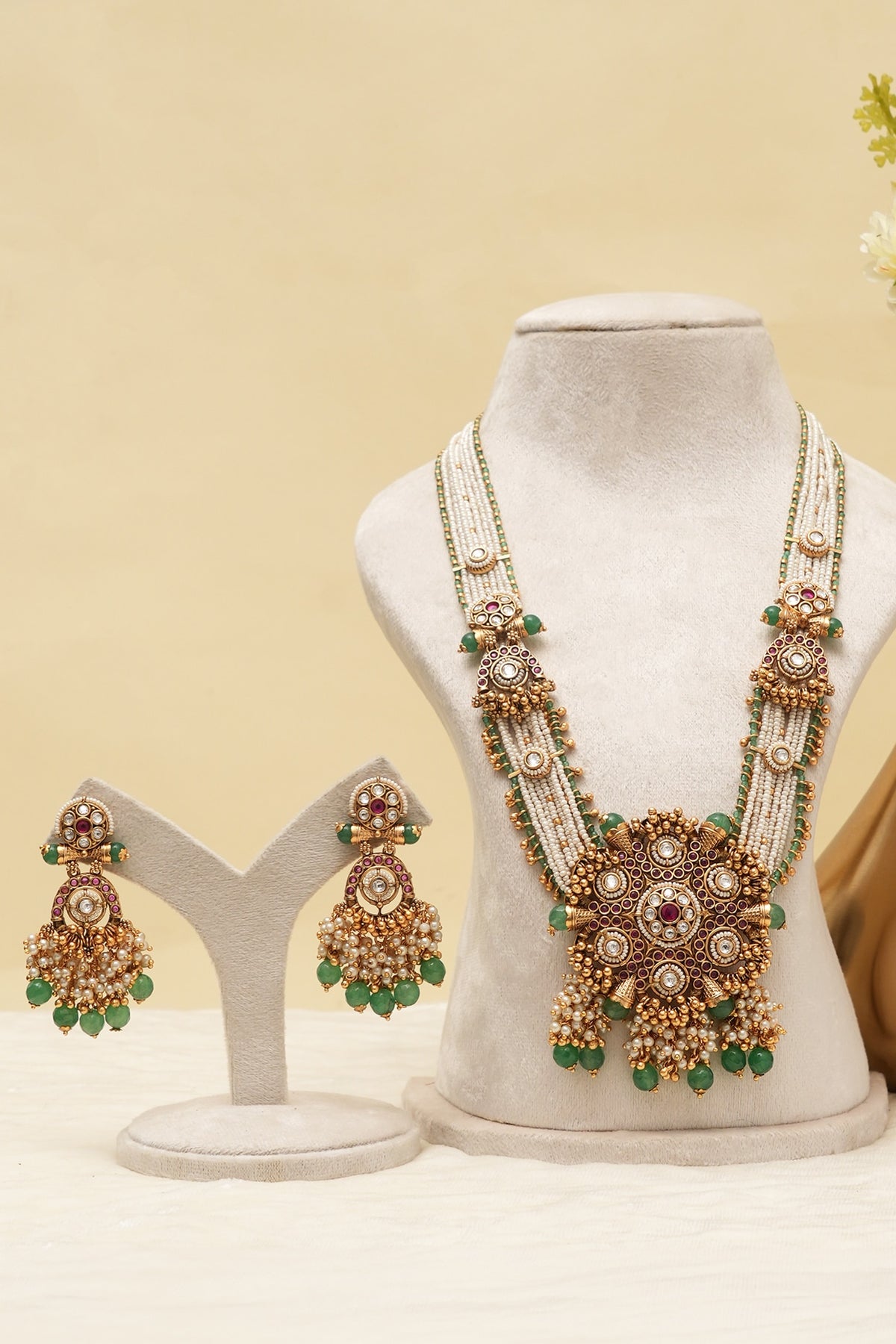 Antique Gold Finish Multi-Colored Kundan Polki Long Necklace Set