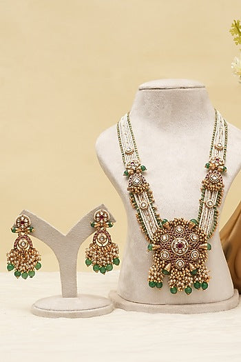Antique Gold Finish Multi-Colored Kundan Polki Long Necklace Set