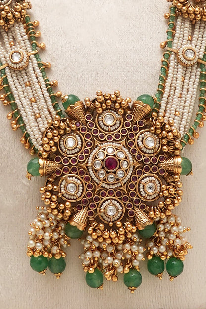 Antique Gold Finish Multi-Colored Kundan Polki Long Necklace Set