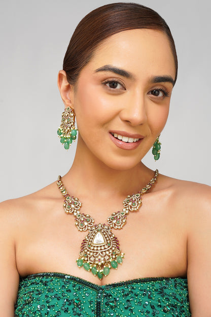 Gold Finish Multi-Colored Kundan Polki Necklace Set