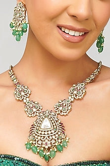 Gold Finish Multi-Colored Kundan Polki Necklace Set