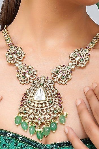 Gold Finish Multi-Colored Kundan Polki Necklace Set