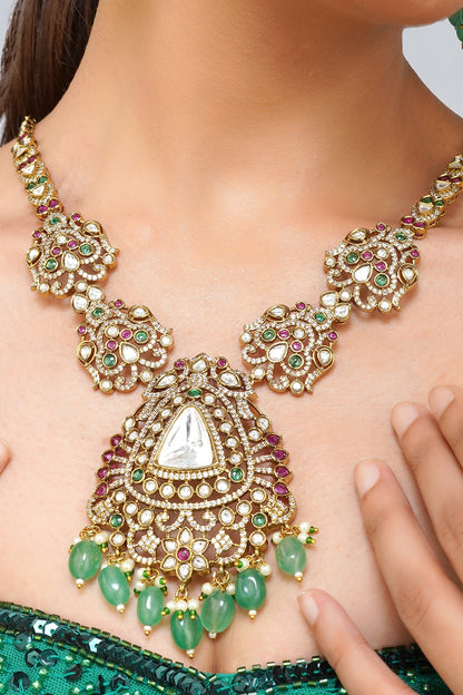 Gold Finish Multi-Colored Kundan Polki Necklace Set
