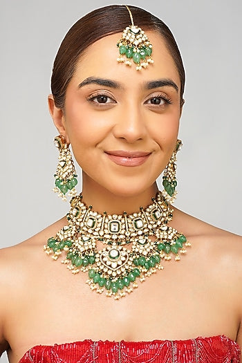 Gold Plated Kundan Polki & Emerald Green Pearl Necklace Set
