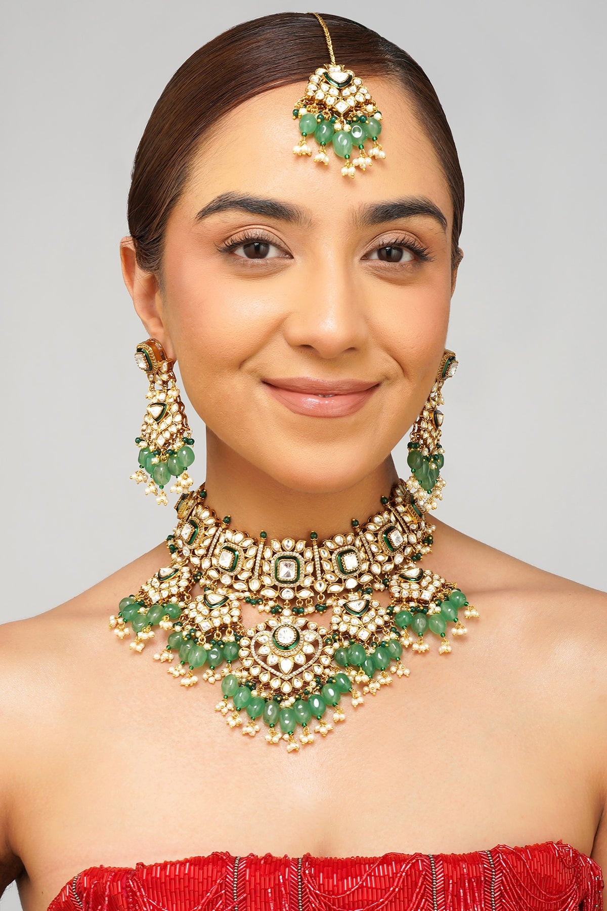 Gold Plated Kundan Polki & Emerald Green Pearl Necklace Set