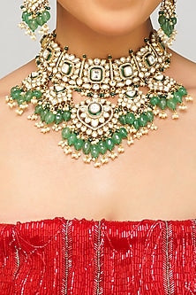 Gold Plated Kundan Polki & Emerald Green Pearl Necklace Set