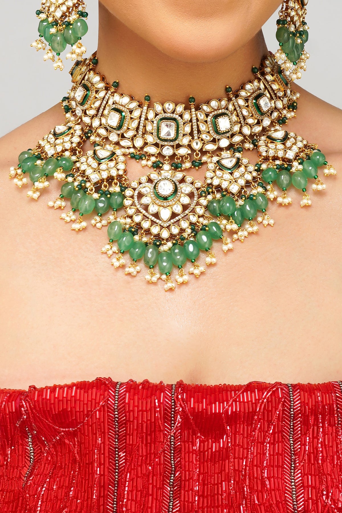 Gold Plated Kundan Polki & Emerald Green Pearl Necklace Set