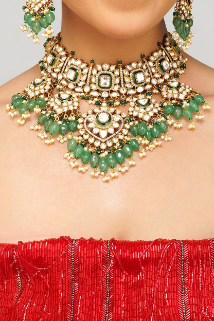 Gold Plated Kundan Polki & Emerald Green Pearl Necklace Set
