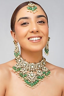 Gold Plated Kundan Polki & Emerald Green Pearl Necklace Set