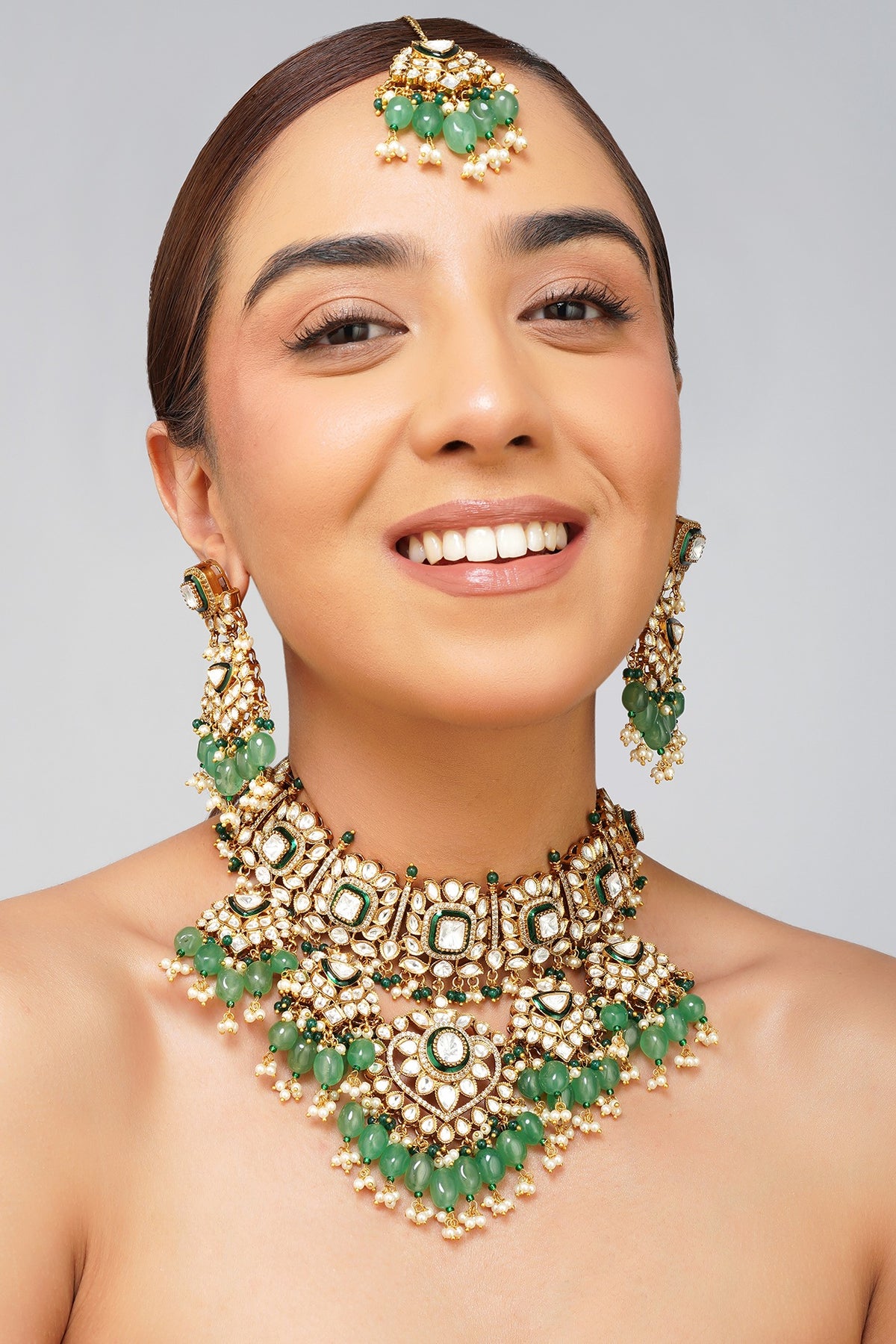 Gold Plated Kundan Polki & Emerald Green Pearl Necklace Set