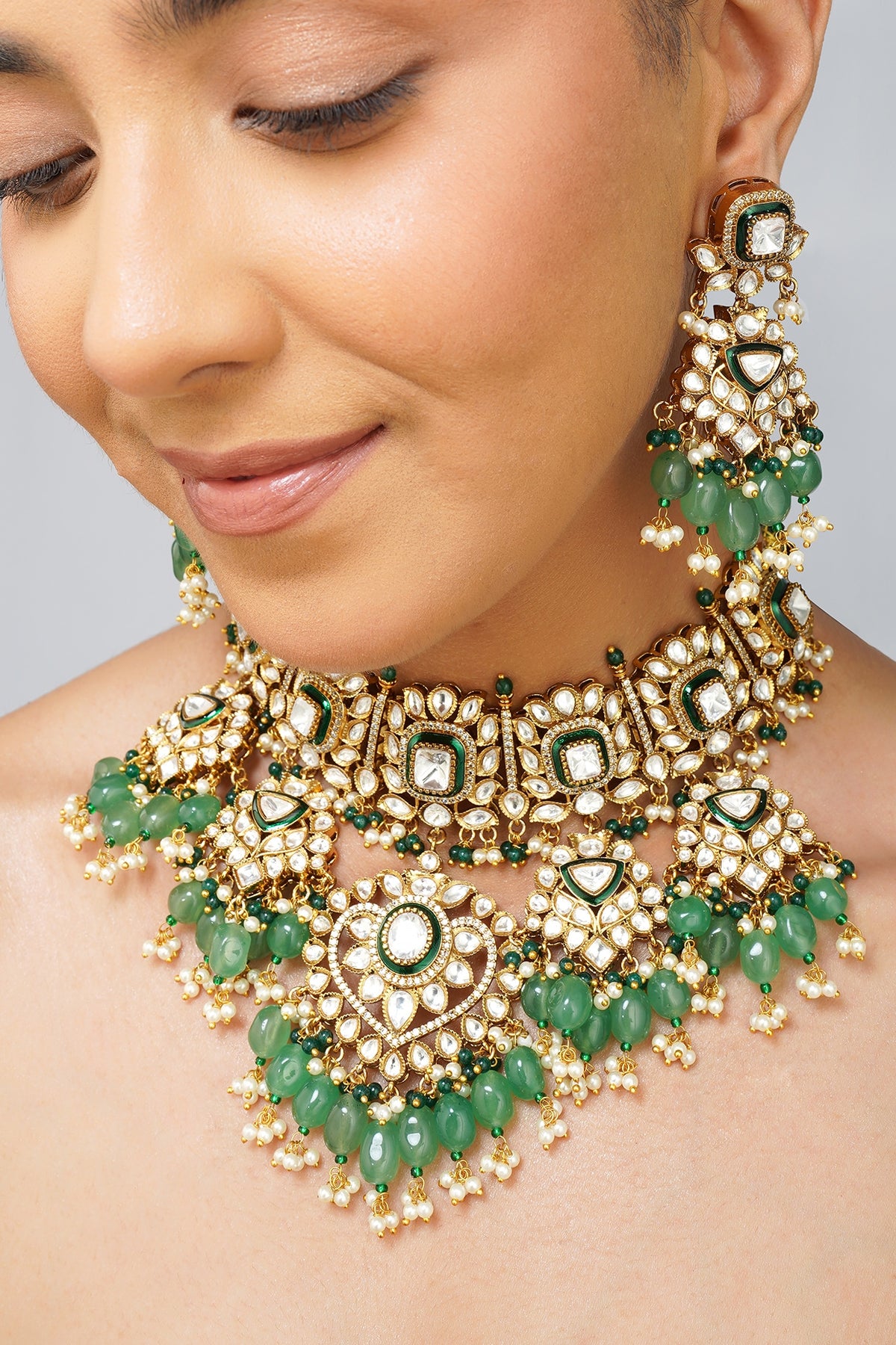 Gold Plated Kundan Polki & Emerald Green Pearl Necklace Set