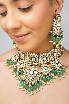 Gold Plated Kundan Polki & Emerald Green Pearl Necklace Set