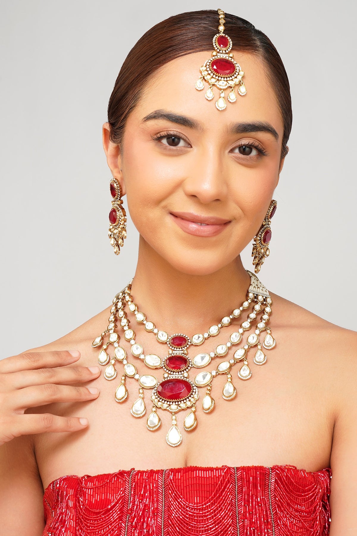 Gold Plated Kundan Polki & Ruby Doublet Layered Necklace Set